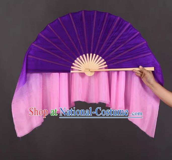 China Jiaozhou Yangko Dance Fan Handmade Gradient Purple to Pink Silk Fan Classical Dance Ribbon Fan