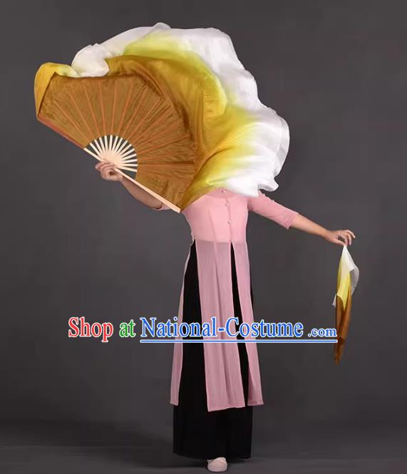 China Classical Dance Ribbon Fan Jiaozhou Yangko Dance Fan Handmade Gradient Filemot to White Silk Fan