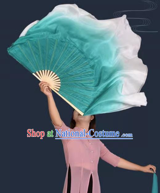 China Handmade Gradient Green to White Silk Fan Classical Dance Ribbon Fan Jiaozhou Yangko Dance Fan