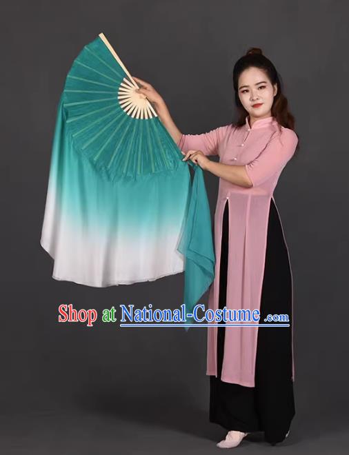 China Handmade Gradient Green to White Silk Fan Classical Dance Ribbon Fan Jiaozhou Yangko Dance Fan