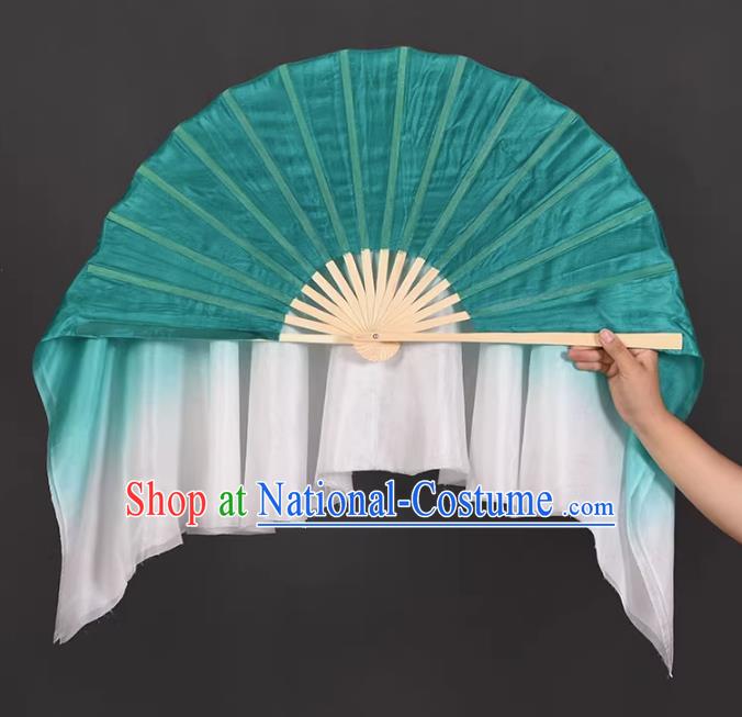 China Handmade Gradient Green to White Silk Fan Classical Dance Ribbon Fan Jiaozhou Yangko Dance Fan