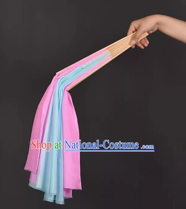 China Yangko Dance Fan Handmade Stage Pink and Blue Silk Fan Classical Dance Ribbon Fan