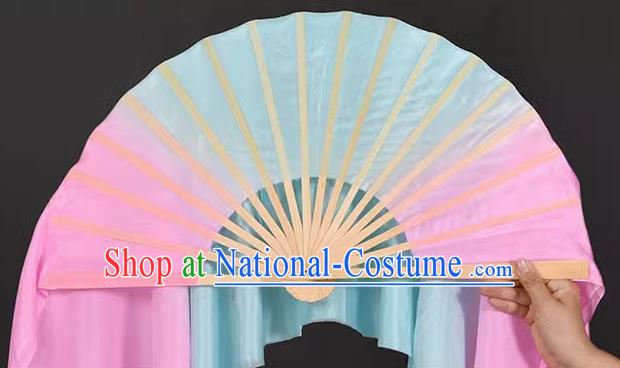 China Yangko Dance Fan Handmade Stage Pink and Blue Silk Fan Classical Dance Ribbon Fan