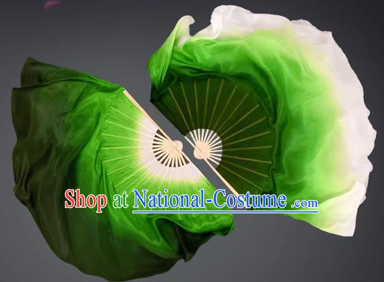 China Classical Dance Ribbon Fan Yangko Dance Fan Handmade Stage Deep Green Silk Fan