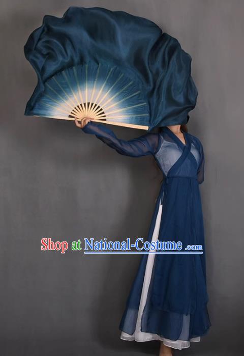 China Yangko Dance Dark Blue Fan Handmade Stage Performance Silk Fan Classical Dance Butterfly Lovers Ribbon Fan