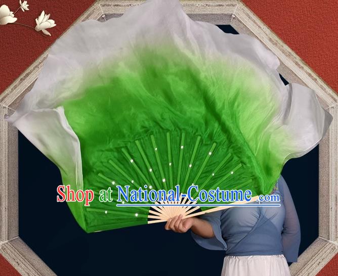 China Classical Dance Ribbon Fan Yangko Dance Prop Fan Handmade Stage Performance Green Silk Fan