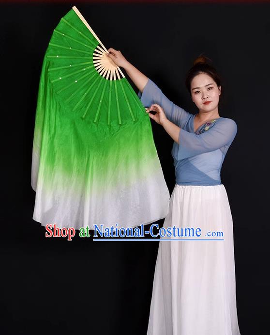 China Classical Dance Ribbon Fan Yangko Dance Prop Fan Handmade Stage Performance Green Silk Fan