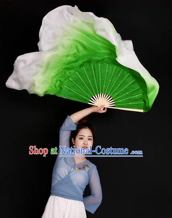 China Classical Dance Ribbon Fan Yangko Dance Prop Fan Handmade Stage Performance Green Silk Fan