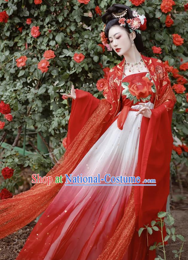 China Tang Dynasty Court Empress Costumes Ancient Goddess Red Dress Clothing