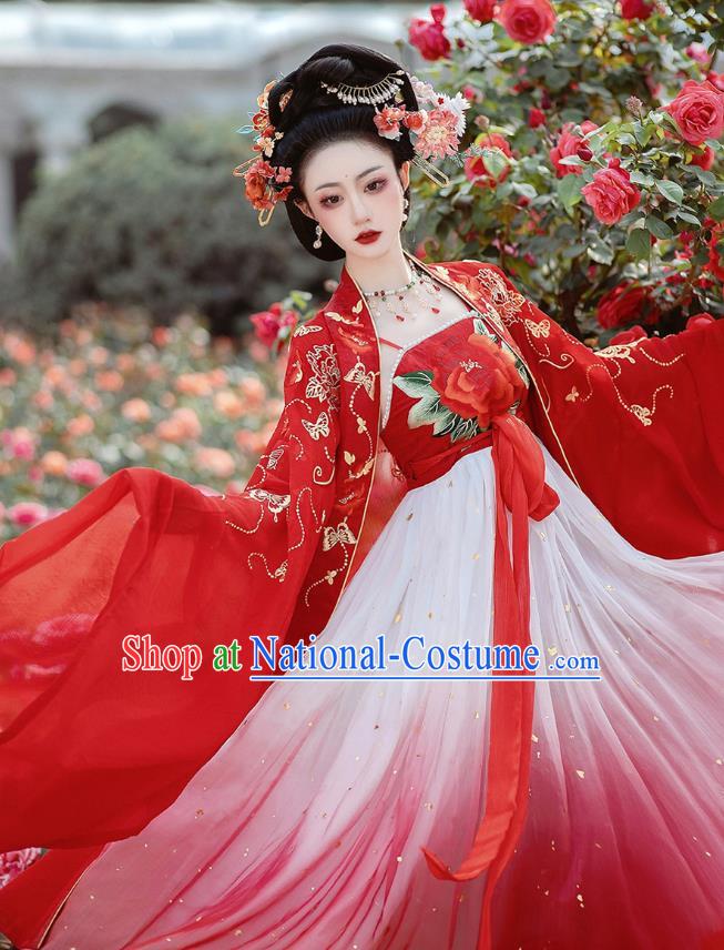 China Tang Dynasty Court Empress Costumes Ancient Goddess Red Dress Clothing