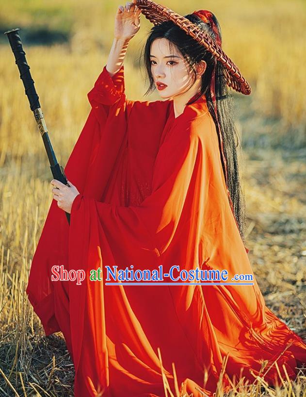 Ancient Swordswoman Costumes Female Red Hanfu Dress China Jin Dynasty Clothing