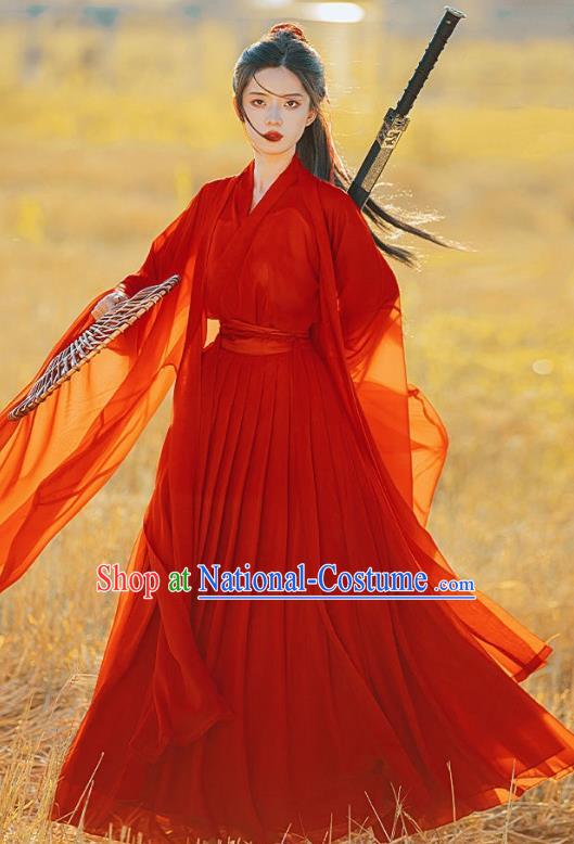 Ancient Swordswoman Costumes Female Red Hanfu Dress China Jin Dynasty Clothing