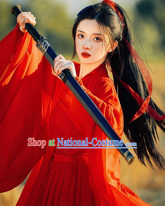 Ancient Swordswoman Costumes Female Red Hanfu Dress China Jin Dynasty Clothing