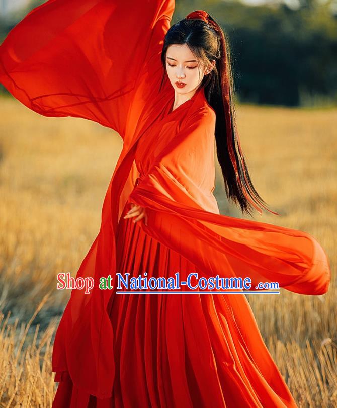 Ancient Swordswoman Costumes Female Red Hanfu Dress China Jin Dynasty Clothing