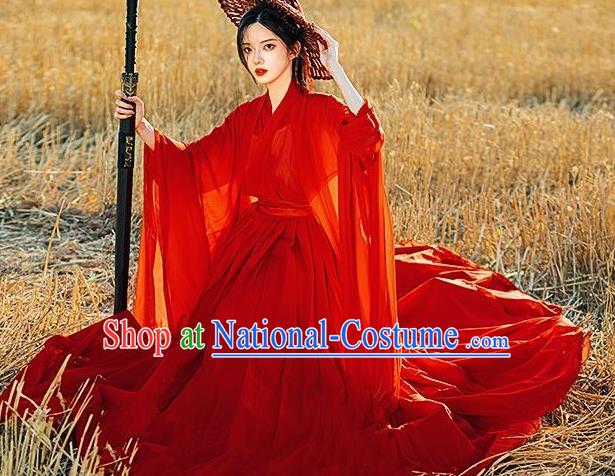 Ancient Swordswoman Costumes Female Red Hanfu Dress China Jin Dynasty Clothing