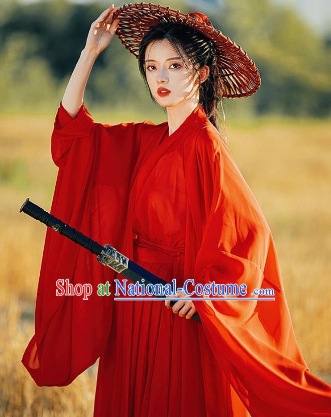 Ancient Swordswoman Costumes Female Red Hanfu Dress China Jin Dynasty Clothing