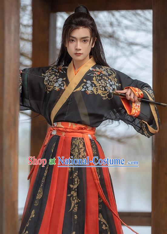 China Jin Dynasty Young Childe Clothing Ancient Swordsman Costumes Male Black Hanfu