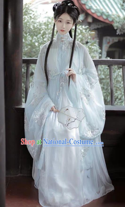 China Ancient Noble Lady Costumes Woman Light Blue Hanfu Dress Ming Dynasty Embroidered Clothing