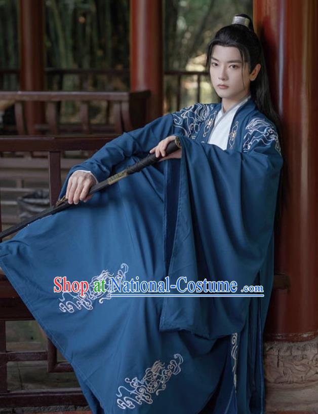 China Ancient Swordsman Embroidered Costumes Male Deep Blue Hanfu Jin Dynasty Young Childe Clothing