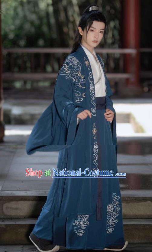 China Ancient Swordsman Embroidered Costumes Male Deep Blue Hanfu Jin Dynasty Young Childe Clothing