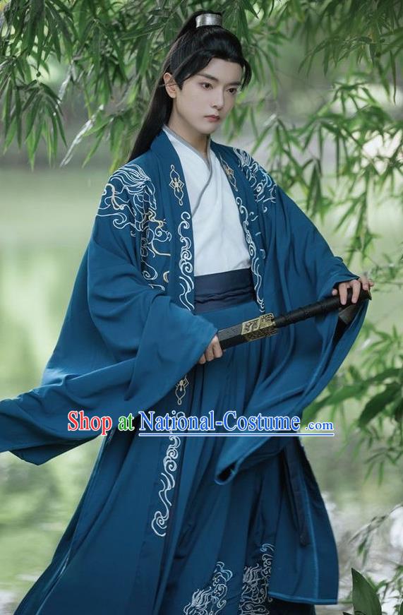 China Ancient Swordsman Embroidered Costumes Male Deep Blue Hanfu Jin Dynasty Young Childe Clothing