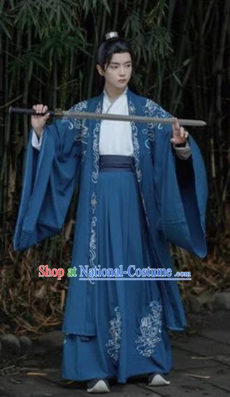 China Ancient Swordsman Embroidered Costumes Male Deep Blue Hanfu Jin Dynasty Young Childe Clothing