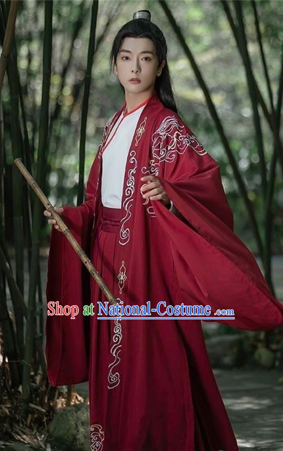 China Jin Dynasty Young Childe Clothing Ancient Swordsman Embroidered Costumes Male Red Hanfu Outfit