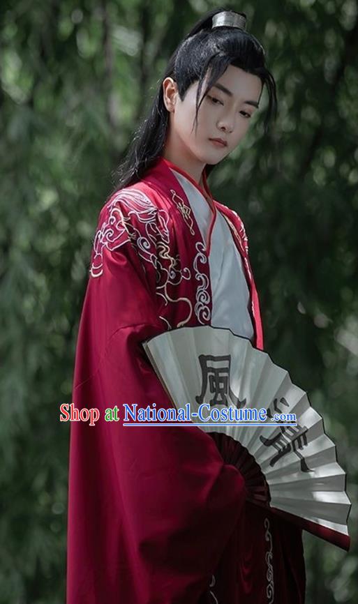 China Jin Dynasty Young Childe Clothing Ancient Swordsman Embroidered Costumes Male Red Hanfu Outfit