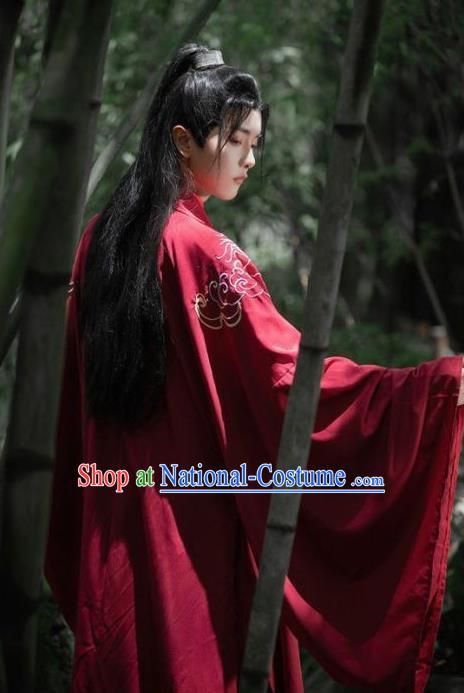 China Jin Dynasty Young Childe Clothing Ancient Swordsman Embroidered Costumes Male Red Hanfu Outfit