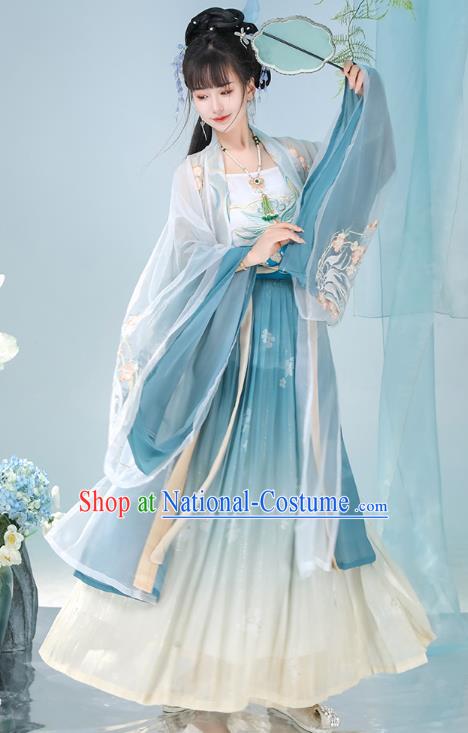 China Song Dynasty Young Lady Clothing Ancient Royal Princess Costumes Traditional Woman Blue Hanfu Dress