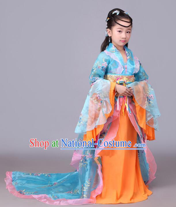 Ancient Fairy Costumes Chinese Tang Dynasty Princess Clothing Children Blue Hanfu Dress