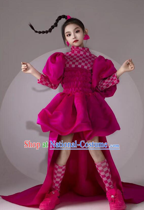 Top Children Catwalks Clothing Professional Model Contest Magenta Lantern Dress Cool Girl Stage Show Costume