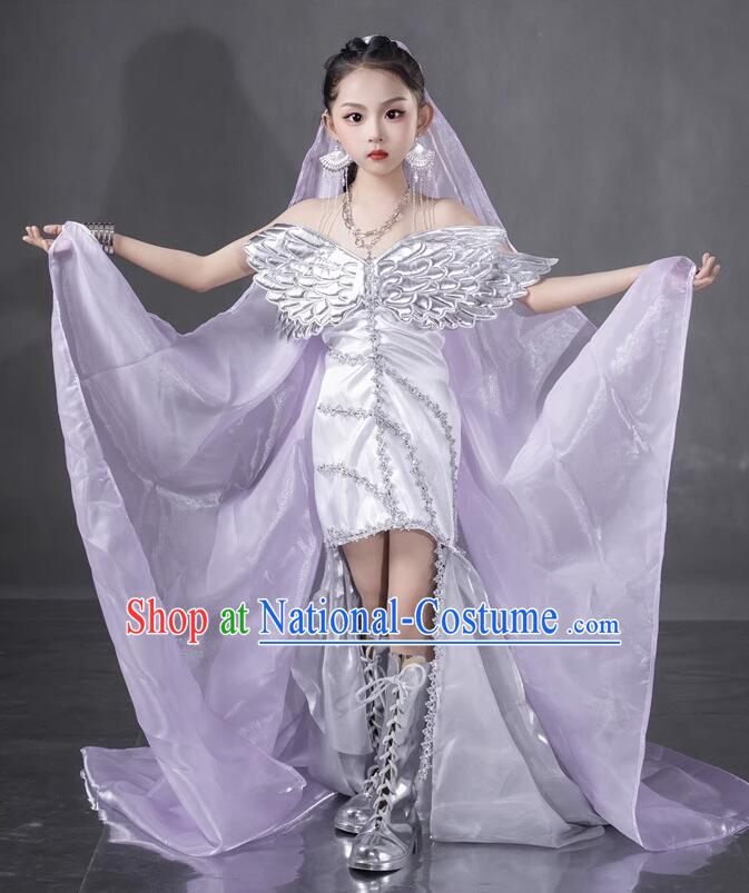 Cool Girl Stage Show Costume Top Children Princess Catwalks Clothing Professional Model Contest Lilac Wings Dress