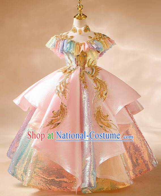 Top Children Catwalks Clothing Professional Model Contest Pink Full Dress Princess Fashion Stage Show Costume