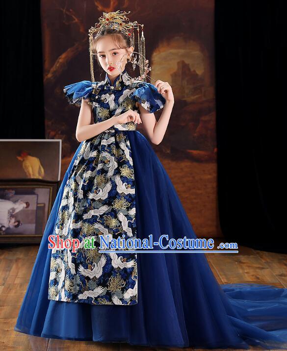 China Stage Show Costume Top Children Catwalks Clothing Professional Model Contest Dark Blue Dress Princess Fashion