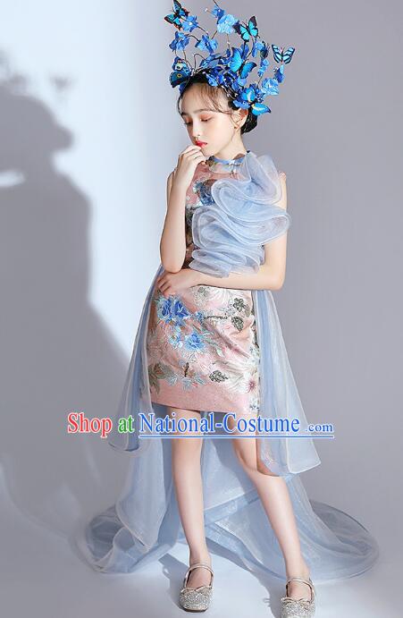 China Stage Show Costume Top Children Catwalks Clothing Model Contest Pink Qipao Dress