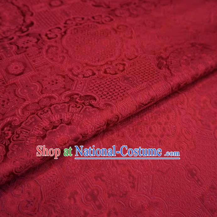 Deep Red China Traditional Brocade Fabric Classical Treasure Round Pattern Design Cloth Hanfu Drapery