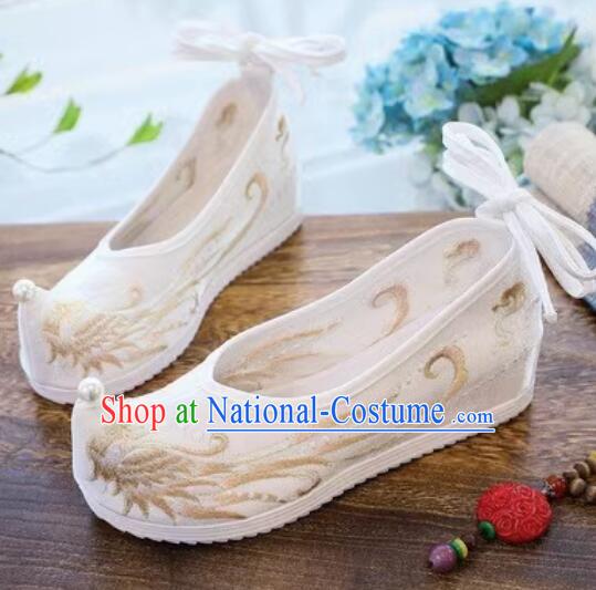 China Handmade Embroidered Phoenix Shoes Ming Dynasty Princess Pearls Shoes Traditional White Hanfu Shoes