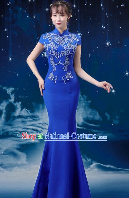 Blue Choir Costumes Femininity Stage Performance Costumes Conductor Catwalk Cheongsam Skirt Fishtail Blue and White Porcelain Dress