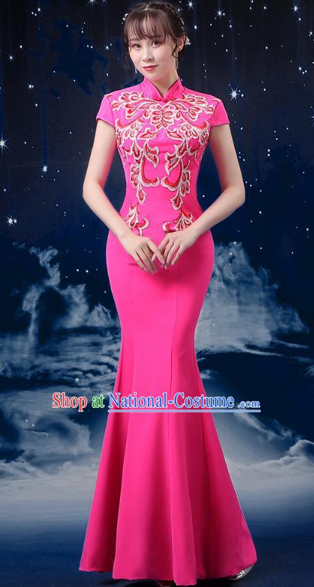 Pink Choir Costume Femininity Stage Performance Costume Conductor Catwalk Cheongsam Skirt Fishtail Blue and White Porcelain Dress