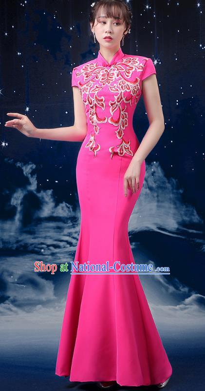 Pink Choir Costume Femininity Stage Performance Costume Conductor Catwalk Cheongsam Skirt Fishtail Blue and White Porcelain Dress