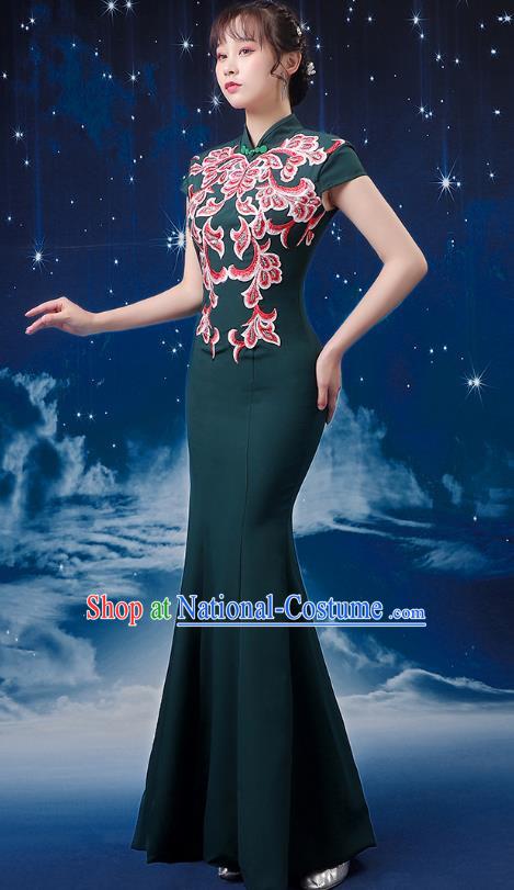 Dark Green Choir Costume Femininity Stage Performance Costume Conductor Catwalk Cheongsam Skirt Fishtail Blue and White Porcelain Dress