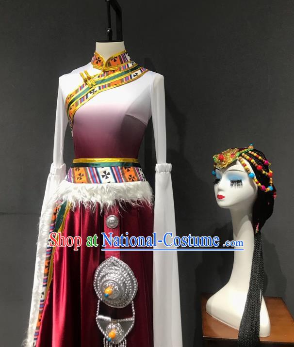 Stage Performance Tibetan Dance Clothing Chinese Minority Class Practice Art Test Mid Length Skirt