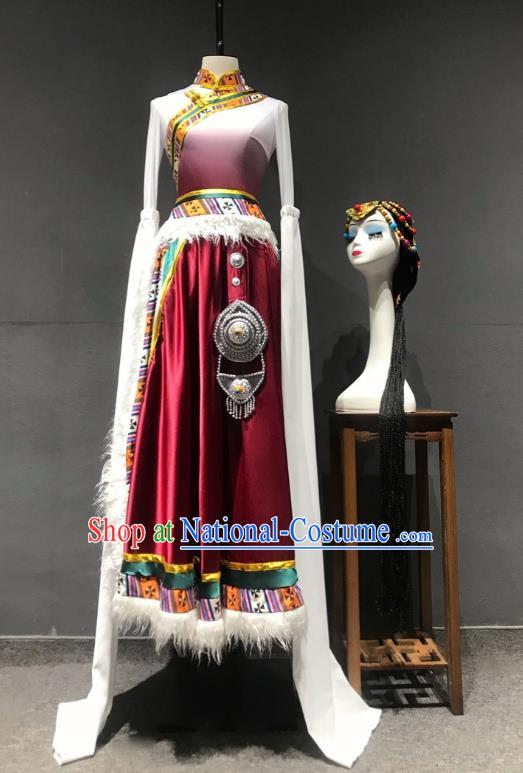 Stage Performance Tibetan Dance Clothing Chinese Minority Class Practice Art Test Mid Length Skirt