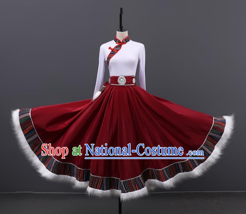 Stage Performance Tibetan Dance Clothing Chinese Minority Class Practice Art Test Mid Length Skirt