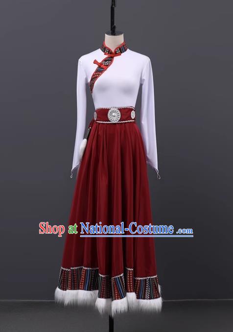 Stage Performance Tibetan Dance Clothing Chinese Minority Class Practice Art Test Mid Length Skirt