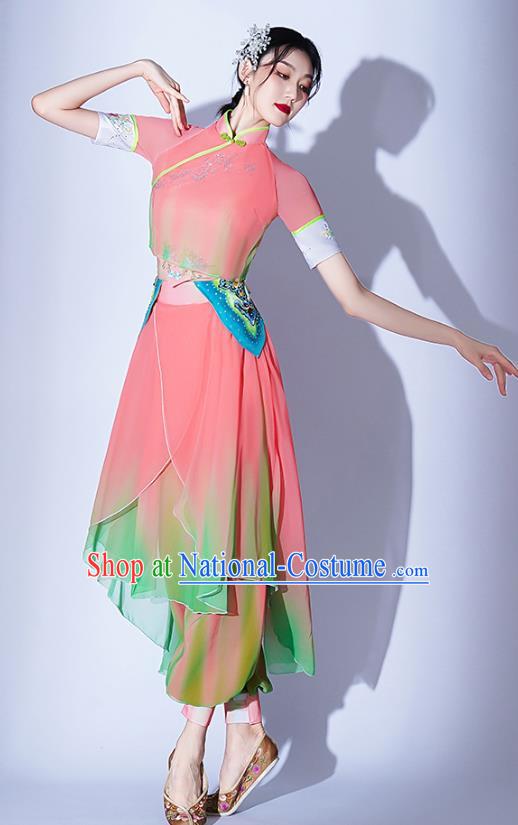 Ikbu Bridge Performance Costume Female Elegant Painting Tea Leisurely Expressive Dance Costume Jiaozhou Yangko Bamboo Hat Group Dance Tea Picking Girl