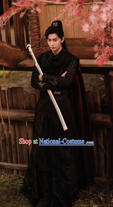 Chinese Ancient Young Warrior Black Outfit Xian Xia Drama The Starry Love Hero La Mu Garment Costumes