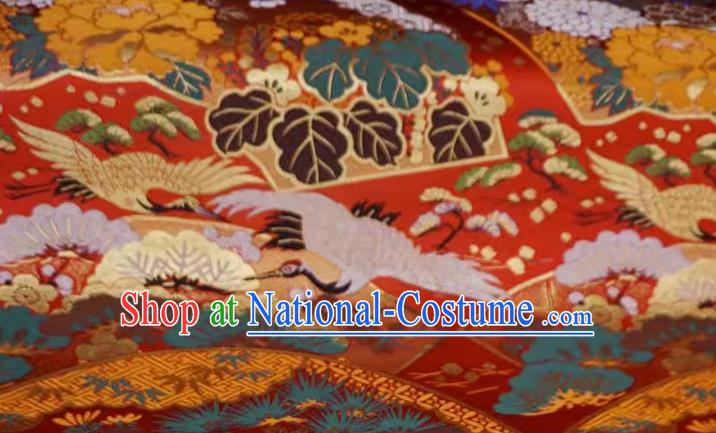 Red Traditional Brocade Fabric Japanese Classical Crane Pattern Design Nishijin Cloth Kimono Drapery