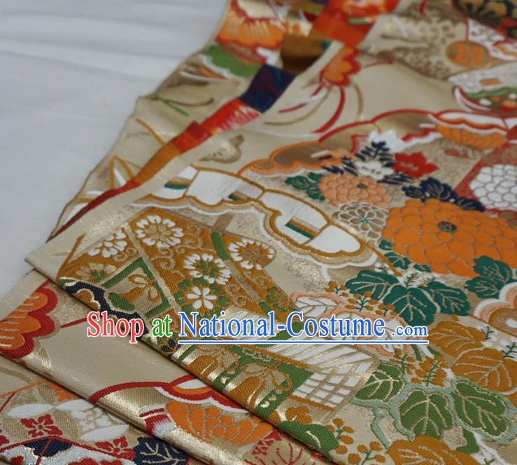 Light Golden Japanese Nishijin Cloth Kimono Material Traditional Brocade Fabric